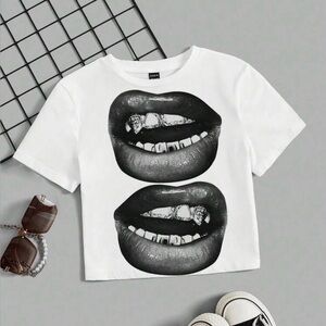SHEIN White Crop Top with Black Lips Graphic